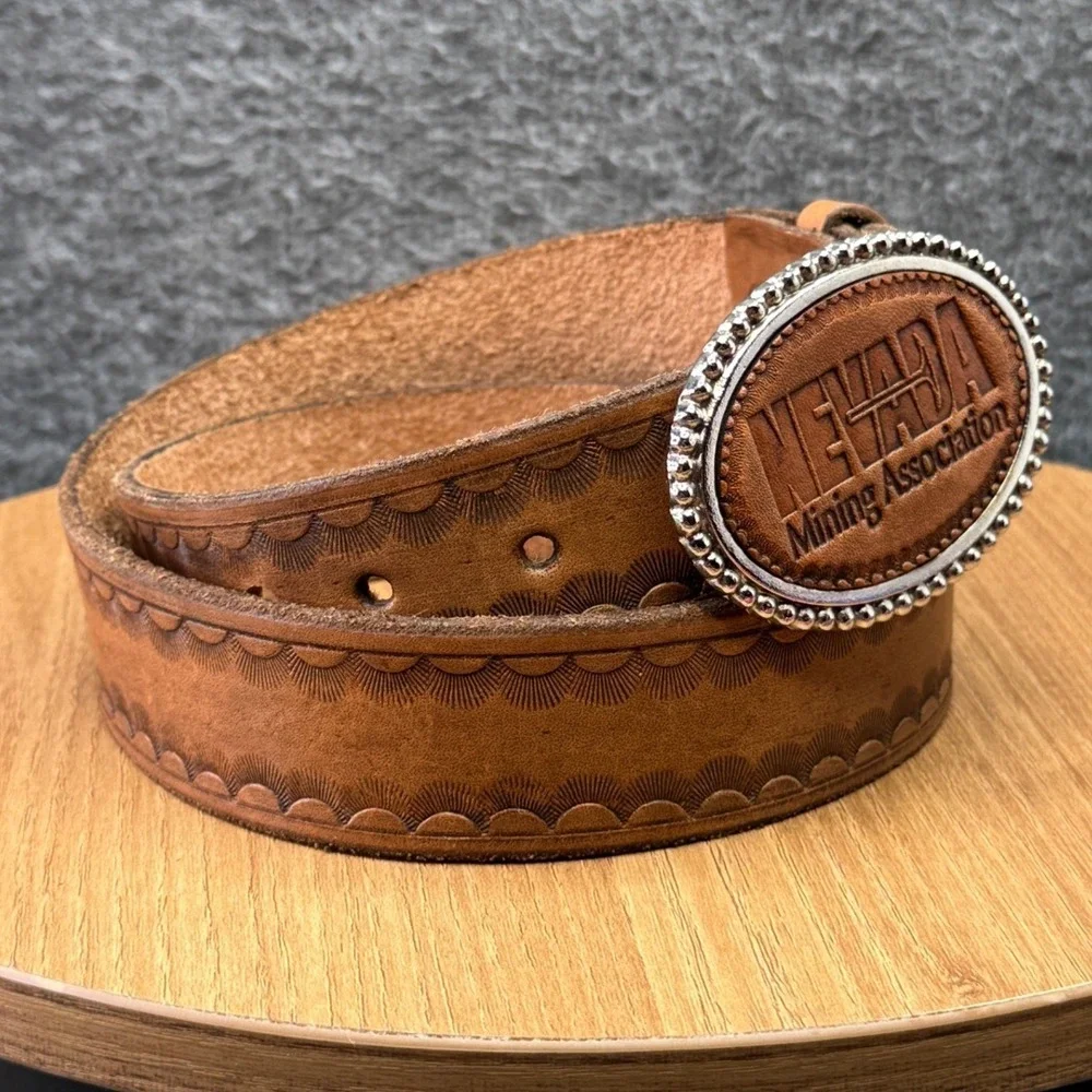 Vintage Nevada Mining Association Leather Belt Mens Size 36 Western Cowboy Ranch